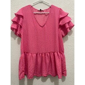 Michelle McDowell Pink Polka Dot Ruffle Sleeve‎ Peplum Top - Size L